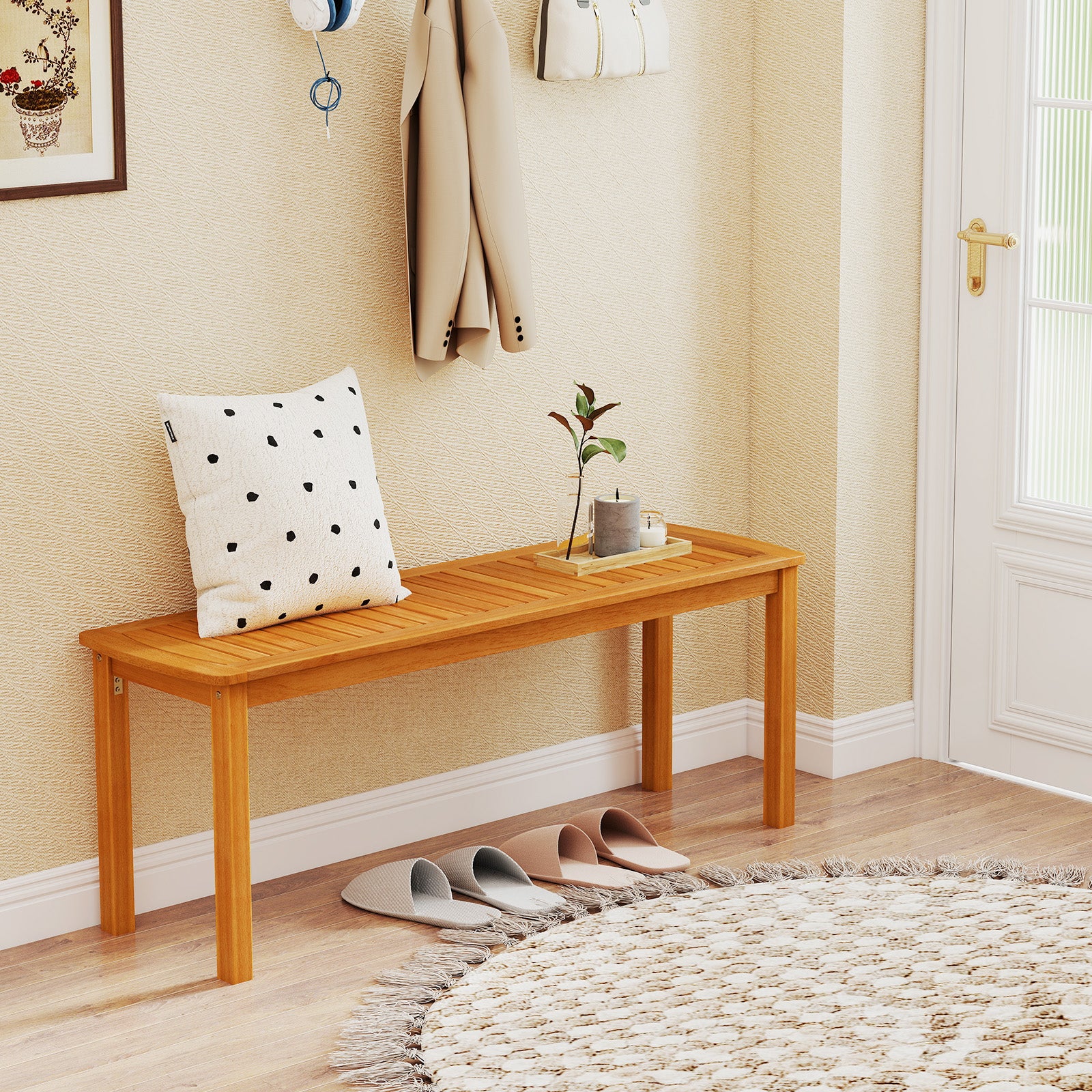 Acacia wood outdoor bench with slatted seat for garden, Natural Outdoor Benches at Gallery Canada