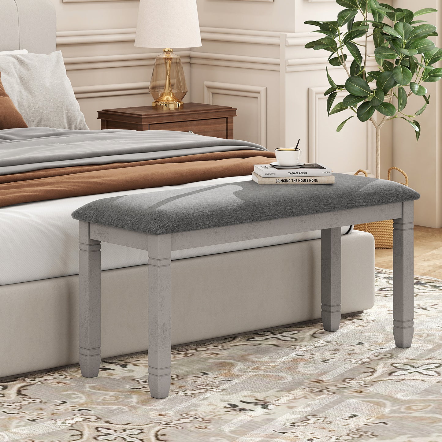 Upholstered Bedroom Bench with Padded Seat and Solid Wood Legs, Gray Shoe Racks & Storage Benches at Gallery Canada