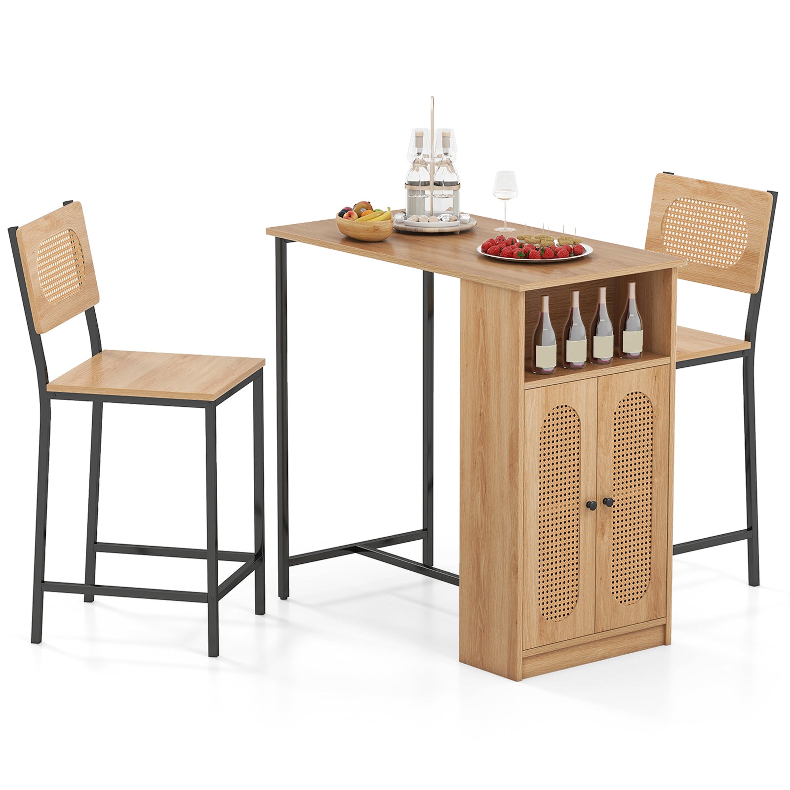 3-Piece Bar Table and Chairs Set with Storage Shelves and Footrests, Natural Dining Room Sets Natural at Gallery Canada