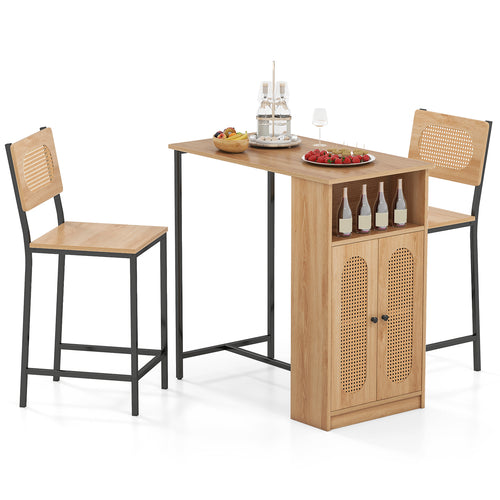 3-Piece Bar Table and Chairs Set with Storage Shelves and Footrests, Natural