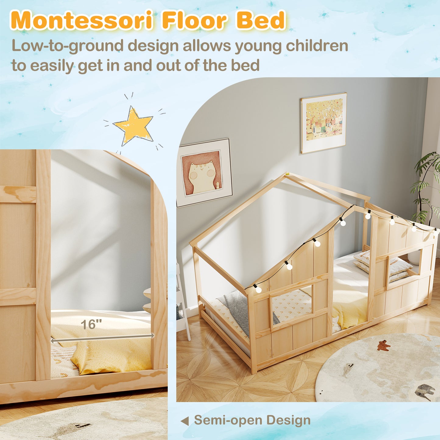 Twin Size House Bed with LED Lights Montessori Slat-free Floor Bed, Natural Toddler Beds at Gallery Canada