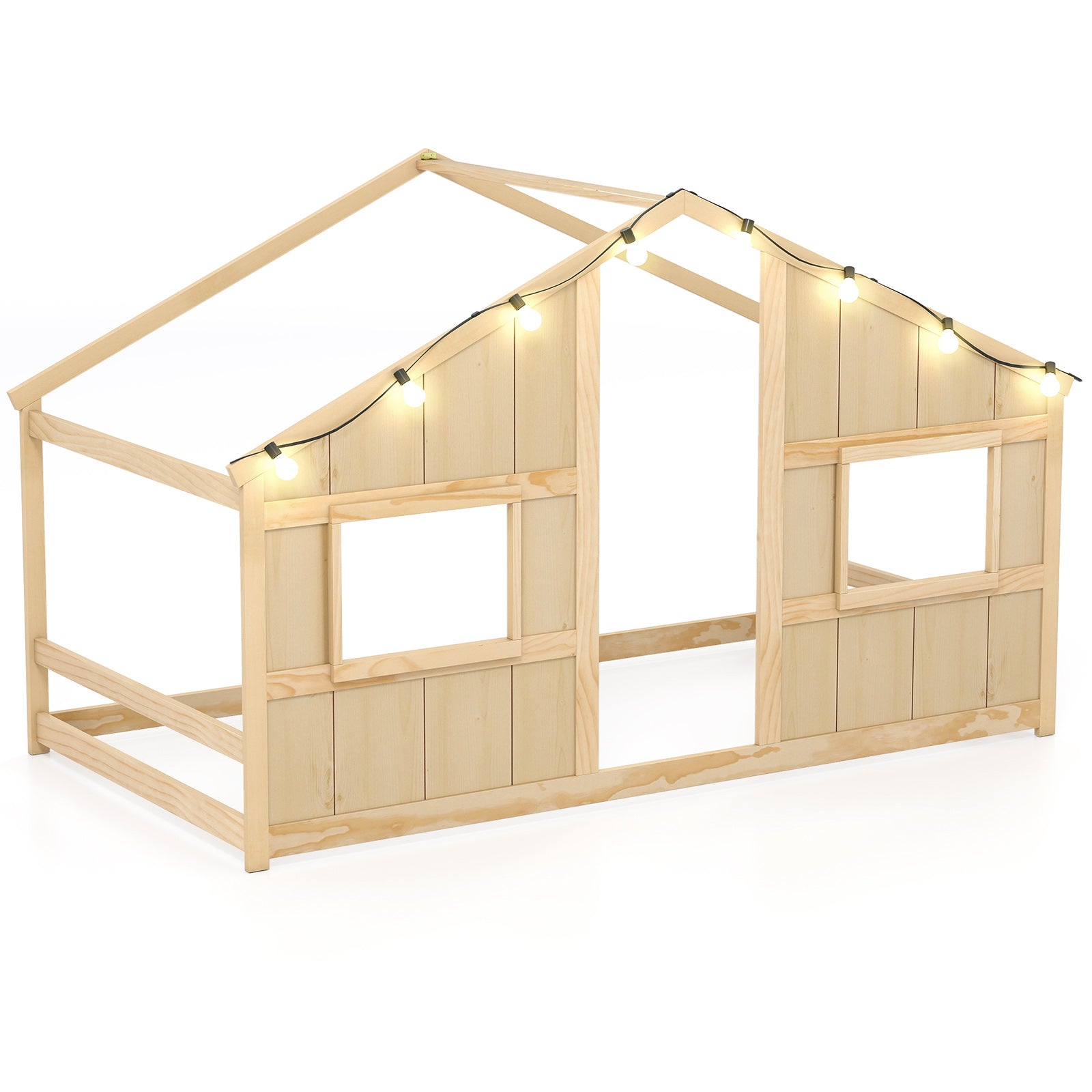 Twin Size House Bed With LED Lights, Montessori Slat-Free Floor Bed, Natural Toddler Beds at Gallery Canada