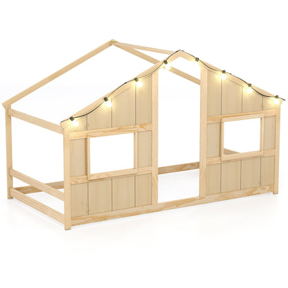 Twin Size House Bed With LED Lights, Montessori Slat-Free Floor Bed, Natural Toddler Beds at Gallery Canada