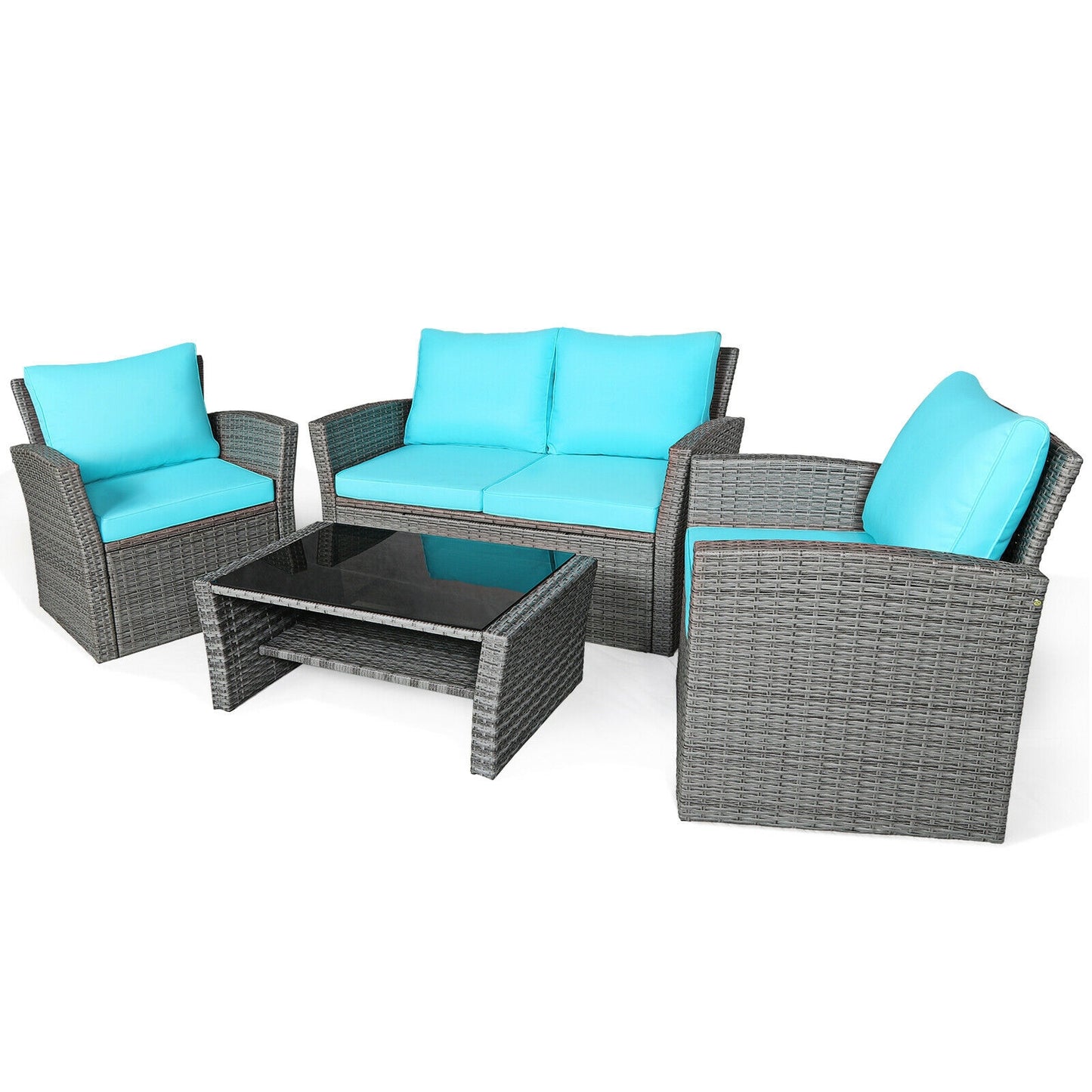 4 Pcs Patio Rattan Furniture Set Sofa Table with Storage Shelf Cushion, Turquoise Patio Conversation Sets at Gallery Canada