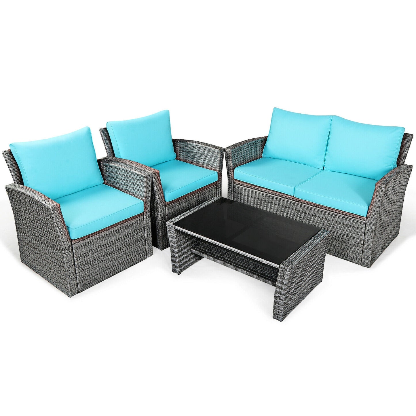 4 Pcs Patio Rattan Furniture Set Sofa Table with Storage Shelf Cushion, Turquoise Patio Conversation Sets at Gallery Canada