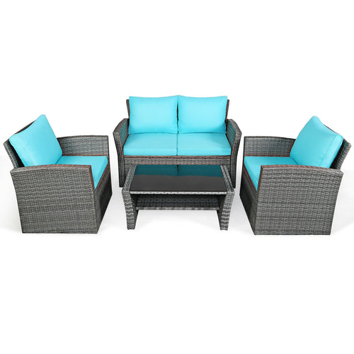 4 Pcs Rattan Patio Set, Sofa Table With Storage Shelf, Turquoise