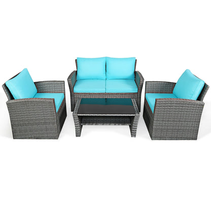 4 Pcs Rattan Patio Set, Sofa Table With Storage Shelf, Turquoise Patio Conversation Sets Turquoise at Gallery Canada
