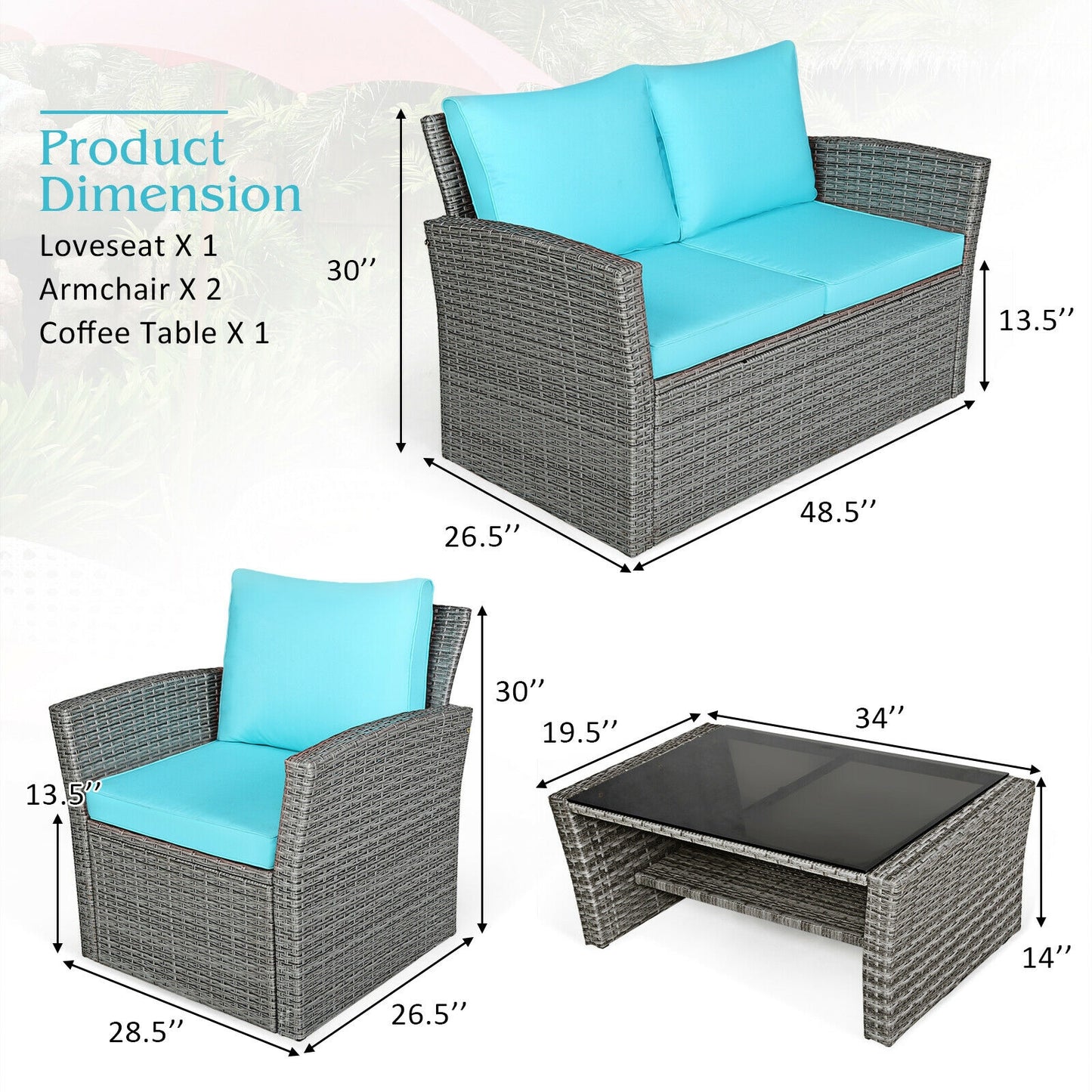 4 Pcs Patio Rattan Furniture Set Sofa Table with Storage Shelf Cushion, Turquoise Patio Conversation Sets at Gallery Canada