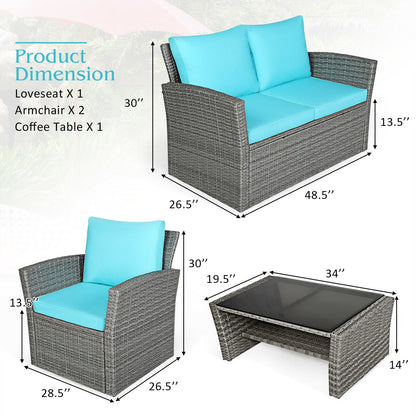 4 Pcs Patio Rattan Furniture Set Sofa Table with Storage Shelf Cushion, Turquoise Patio Conversation Sets at Gallery Canada