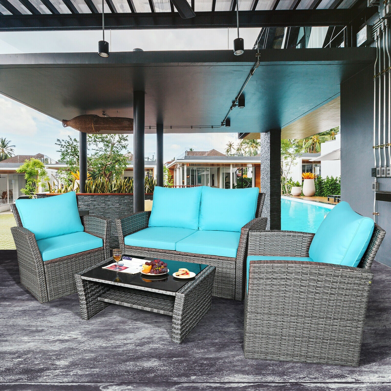 4 Pcs Patio Rattan Furniture Set Sofa Table with Storage Shelf Cushion, Turquoise Patio Conversation Sets at Gallery Canada
