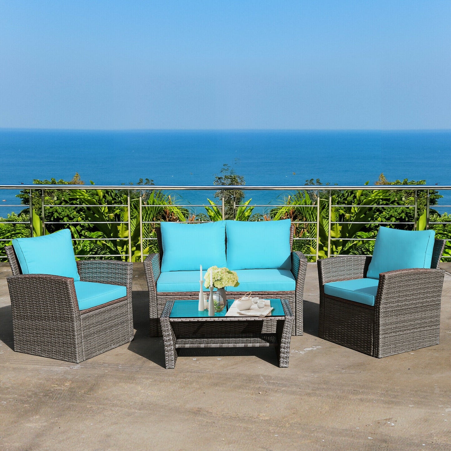 4 Pcs Patio Rattan Furniture Set Sofa Table with Storage Shelf Cushion, Turquoise Patio Conversation Sets at Gallery Canada