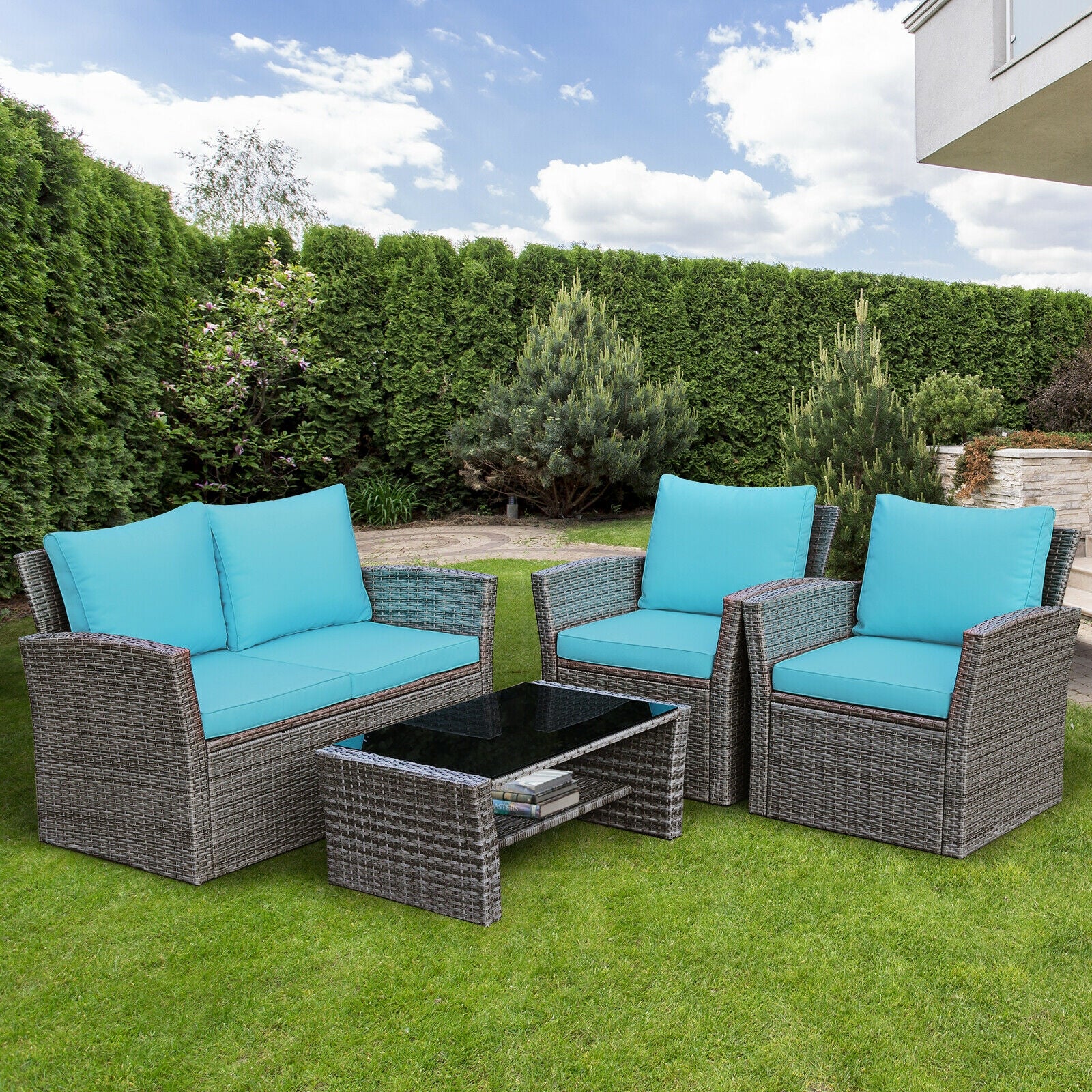 4 Pcs Patio Rattan Furniture Set Sofa Table with Storage Shelf Cushion, Turquoise Patio Conversation Sets at Gallery Canada