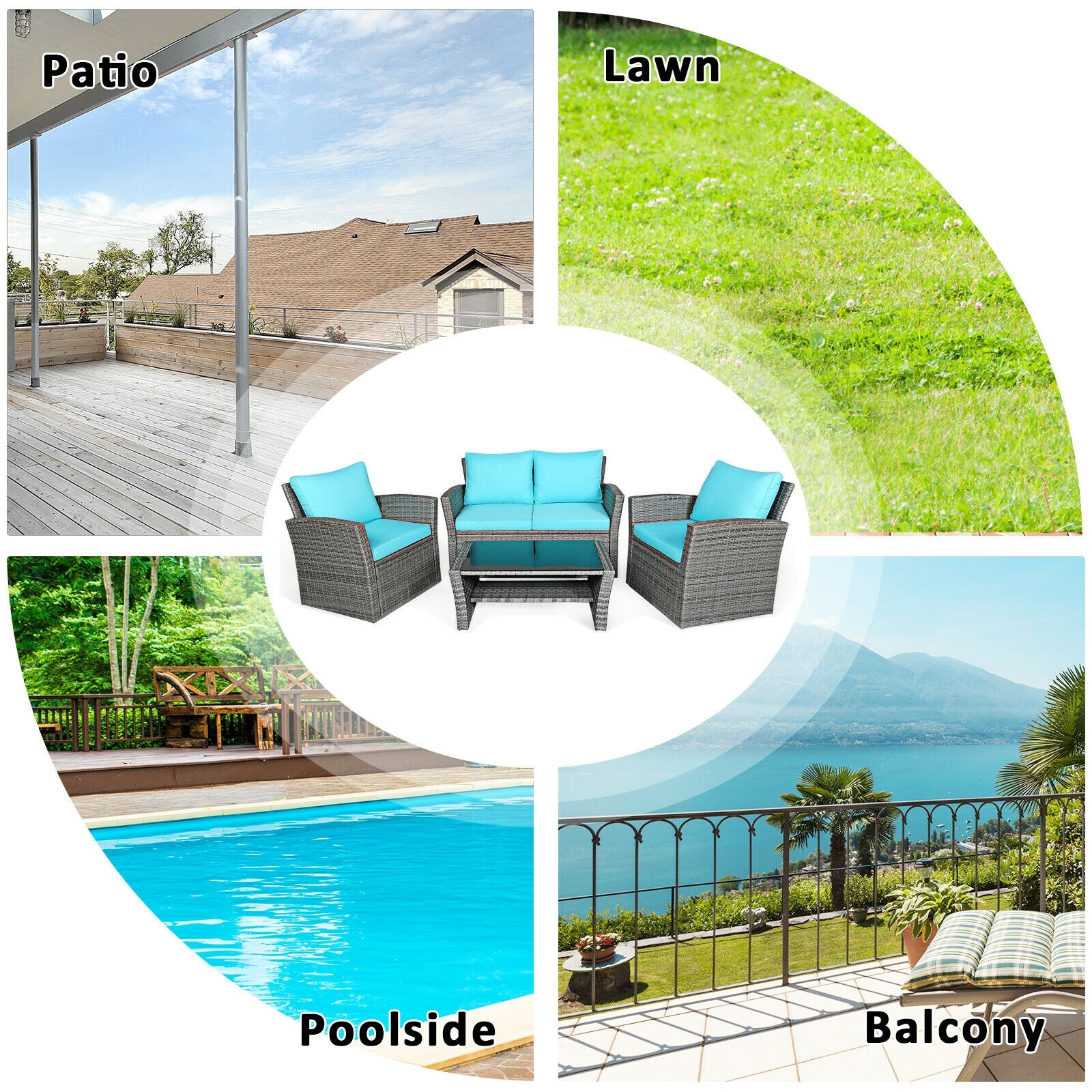 4 Pcs Patio Rattan Furniture Set Sofa Table with Storage Shelf Cushion, Turquoise Patio Conversation Sets at Gallery Canada