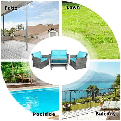 4 Pcs Patio Rattan Furniture Set Sofa Table with Storage Shelf Cushion, Turquoise Patio Conversation Sets at Gallery Canada