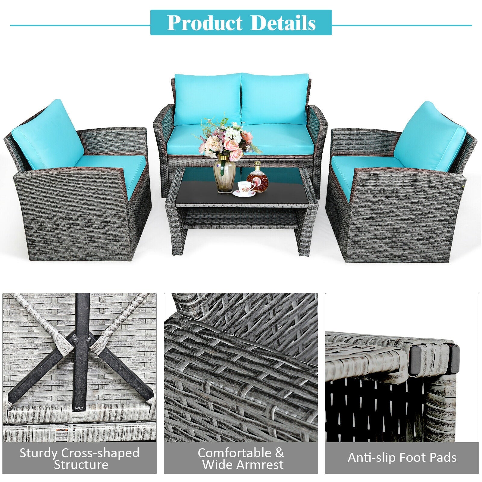 4 Pcs Patio Rattan Furniture Set Sofa Table with Storage Shelf Cushion, Turquoise Patio Conversation Sets at Gallery Canada