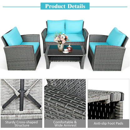4 Pcs Patio Rattan Furniture Set Sofa Table with Storage Shelf Cushion, Turquoise Patio Conversation Sets at Gallery Canada