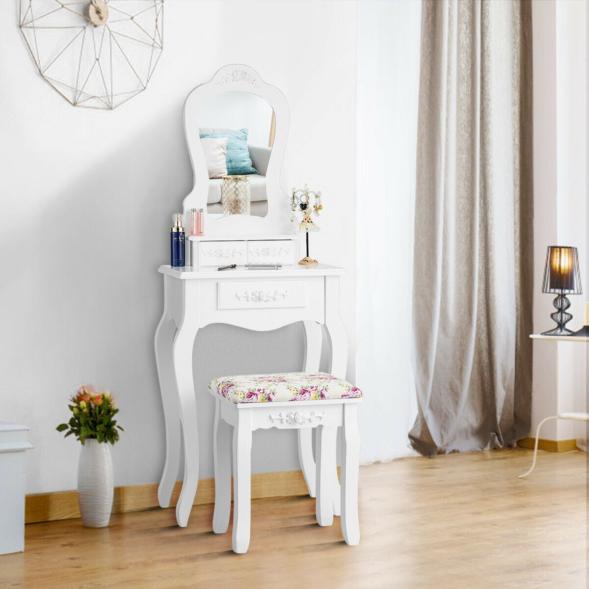 Makeup Dressing Table and Bench 3 Drawers and Cushioned Stool for Girls, White Makeup Vanities at Gallery Canada