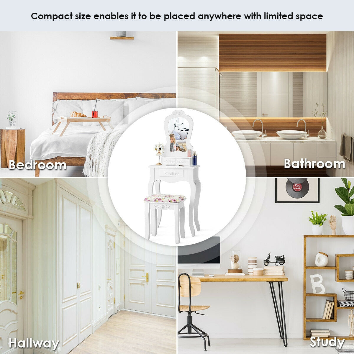 Makeup Dressing Table and Bench 3 Drawers and Cushioned Stool for Girls, White Makeup Vanities at Gallery Canada