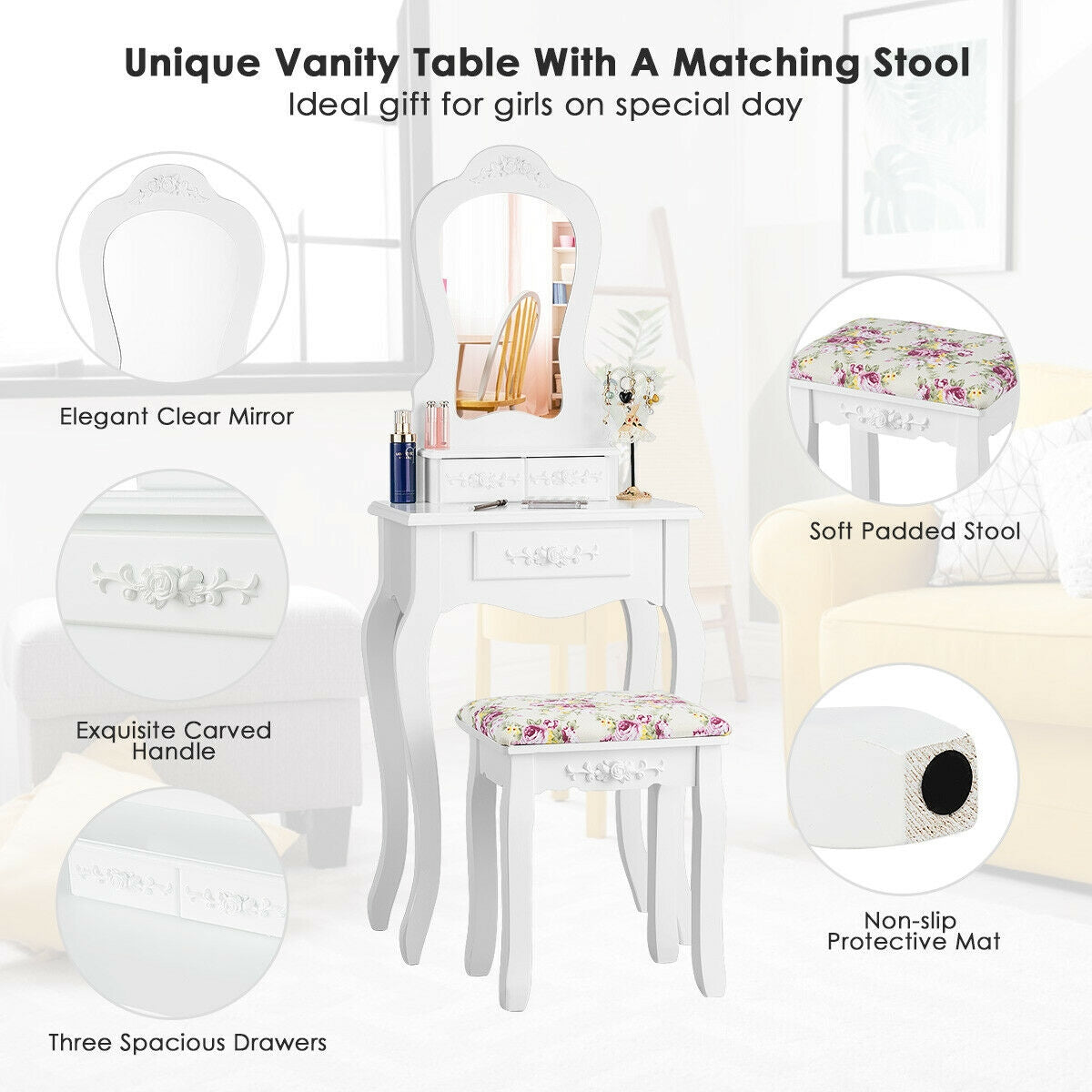 Makeup Dressing Table and Bench 3 Drawers and Cushioned Stool for Girls, White Makeup Vanities at Gallery Canada