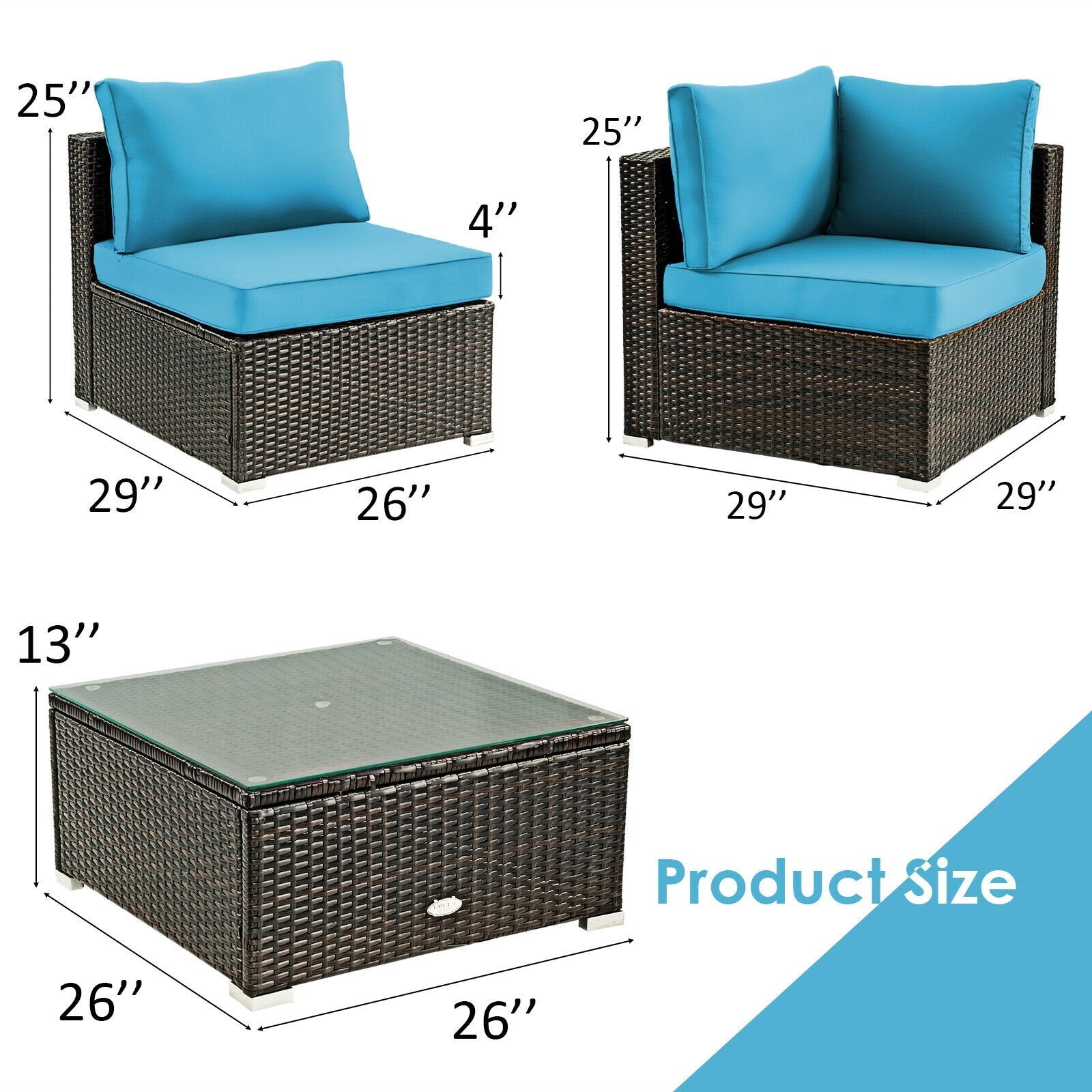 5 Pieces Cushioned Patio Rattan Furniture Set with Glass Table, Turquoise - Gallery Canada
