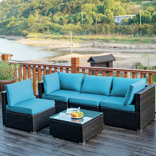 5 Pieces Cushioned Patio Rattan Furniture Set with Glass Table, Turquoise - Gallery Canada