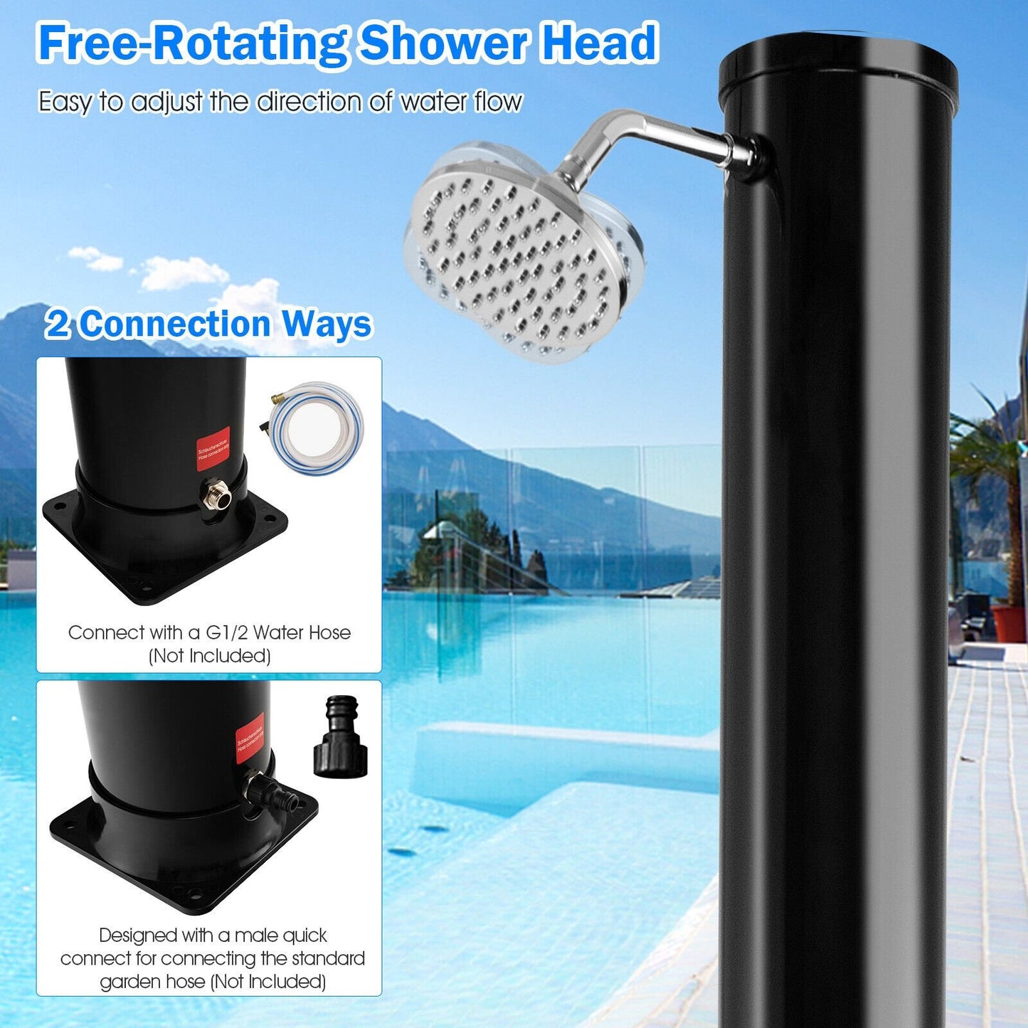 7.2 Feet Solar-Heated Outdoor Shower with Free-Rotating Shower Head, Black