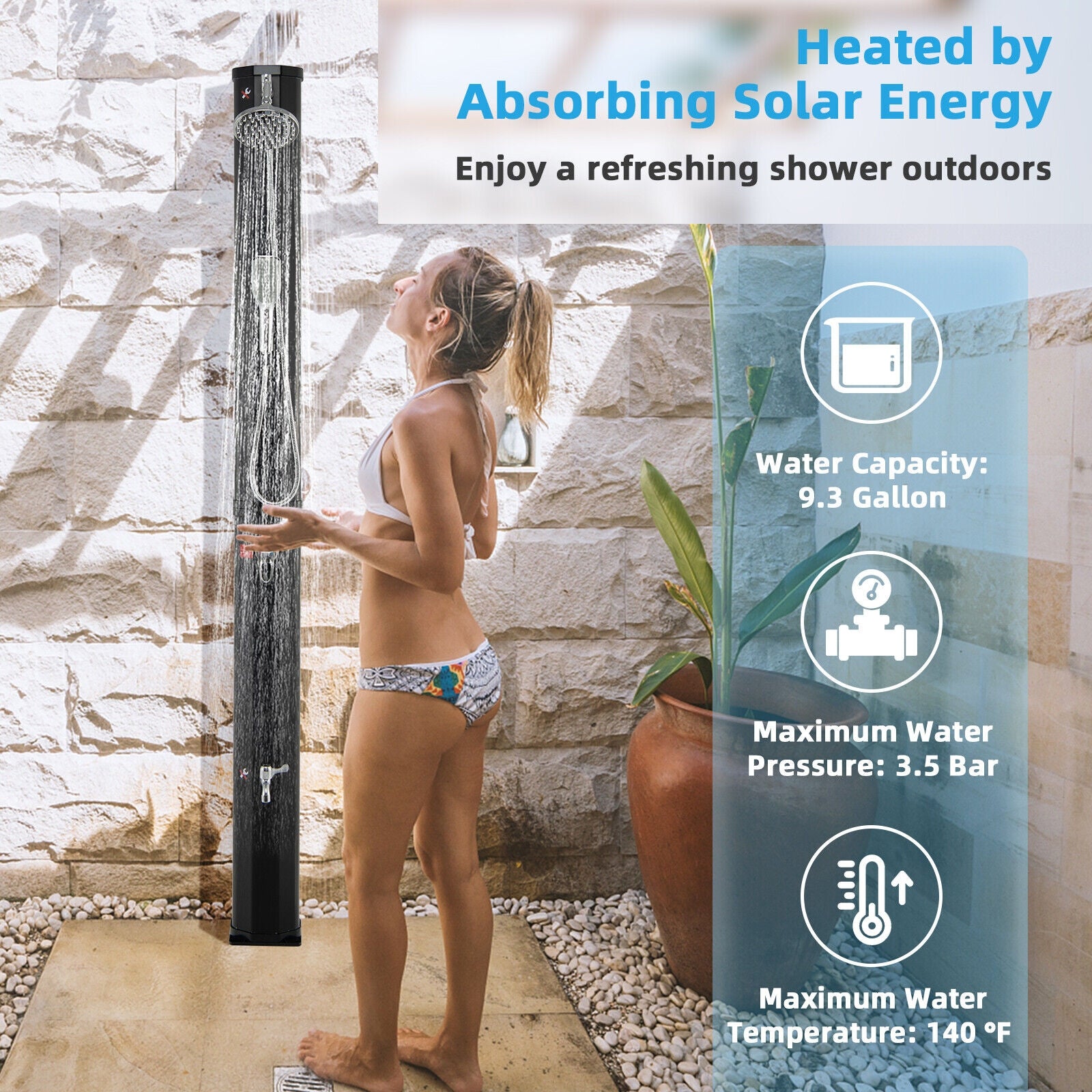 7.2 Feet 9.3 Gallon Solar Heated Shower with Hand and Foot Tap, Black Portable Toilets & Showers at Gallery Canada