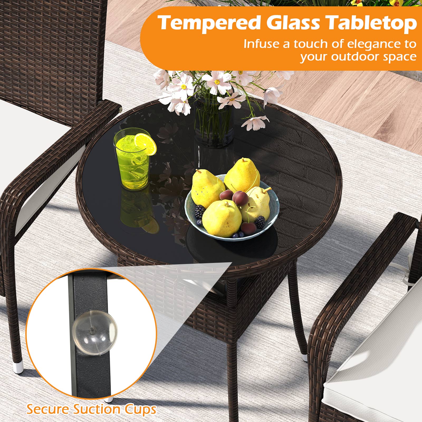 3-Piece Patio Furniture Set PE Rattan Wicker Chairs with Tempered Glass Top Table, White Patio Conversation Sets at Gallery Canada