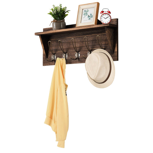 Rustic Wooden Wall-Mounted Entryway Hanging Shelf, Brown
