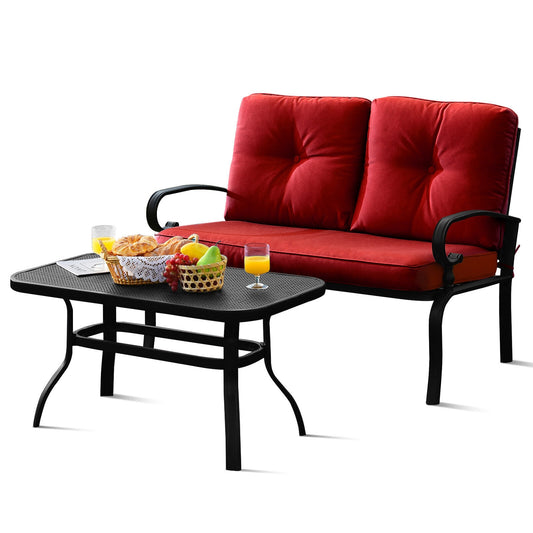 Patio Loveseat Bench Table Set, Cushioned Chair, Red Patio Conversation Sets Red at Gallery Canada