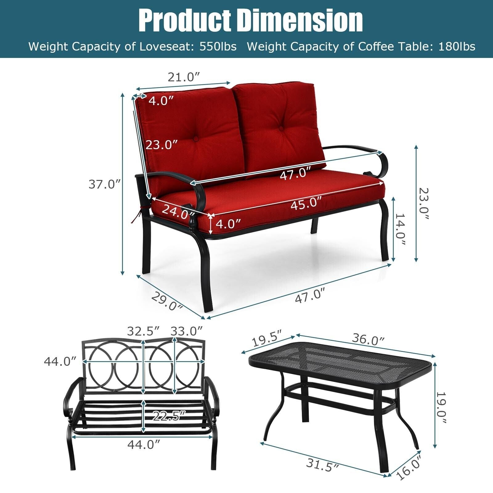 2 Pieces Patio Loveseat Bench Table Furniture Set with Cushioned Chair, Red Patio Conversation Sets at Gallery Canada