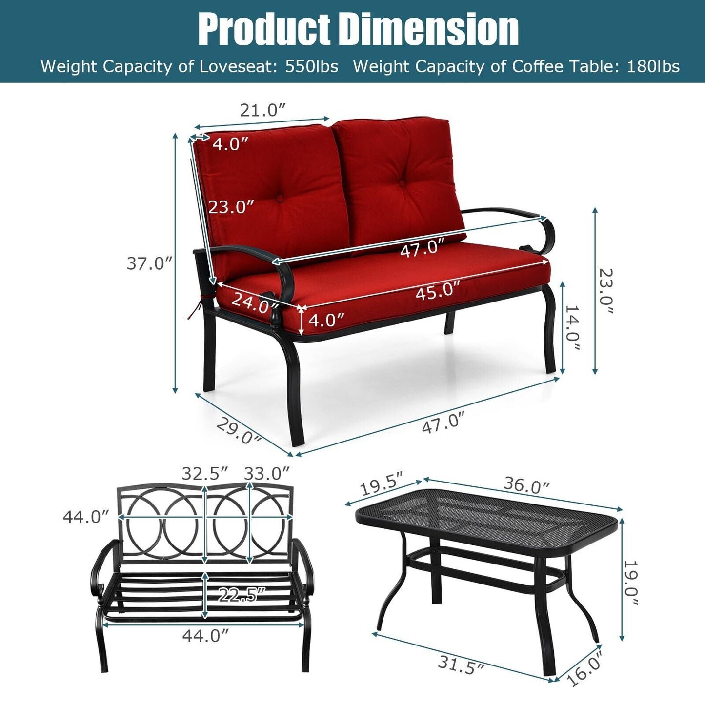 2 Pieces Patio Loveseat Bench Table Furniture Set with Cushioned Chair, Red Patio Conversation Sets at Gallery Canada