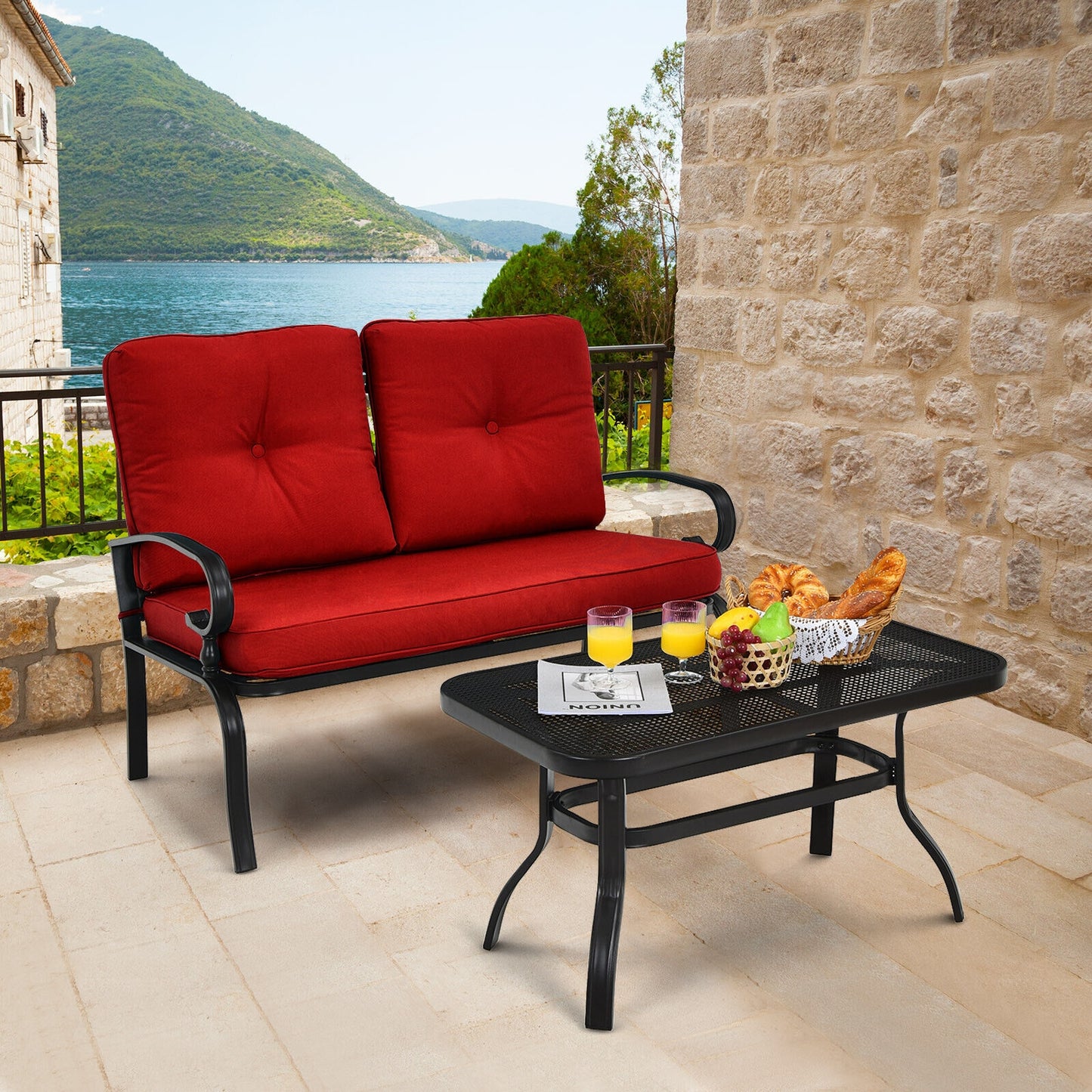 2 Pieces Patio Loveseat Bench Table Furniture Set with Cushioned Chair, Red Patio Conversation Sets at Gallery Canada