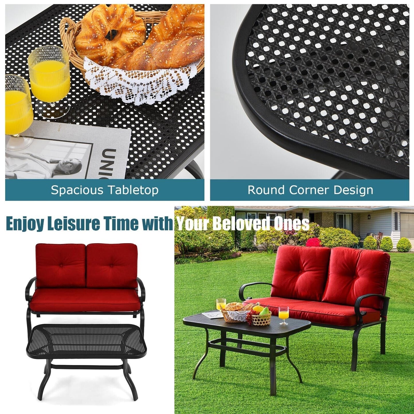 2 Pieces Patio Loveseat Bench Table Furniture Set with Cushioned Chair, Red Patio Conversation Sets at Gallery Canada