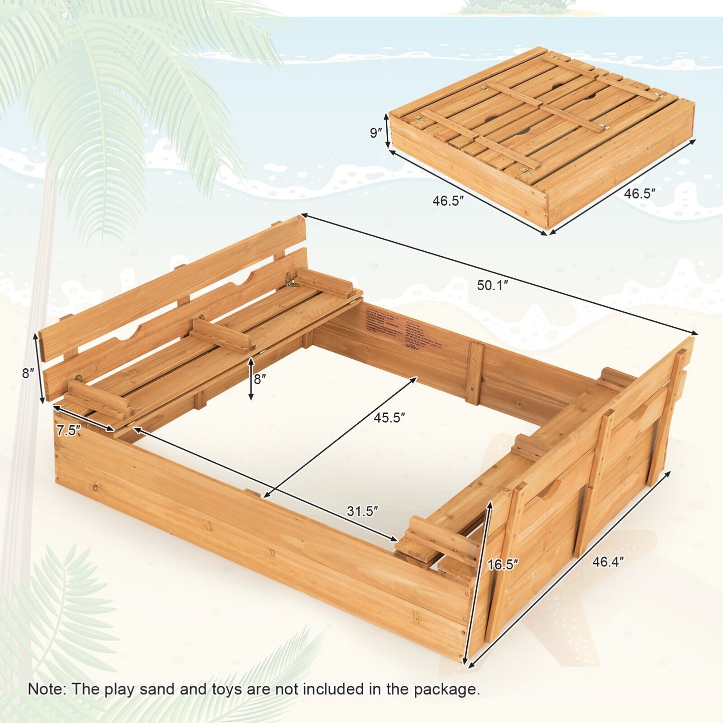 Kids Wooden Sandbox with 2 Foldable Bench Seats, Brown Sandboxes at Gallery Canada