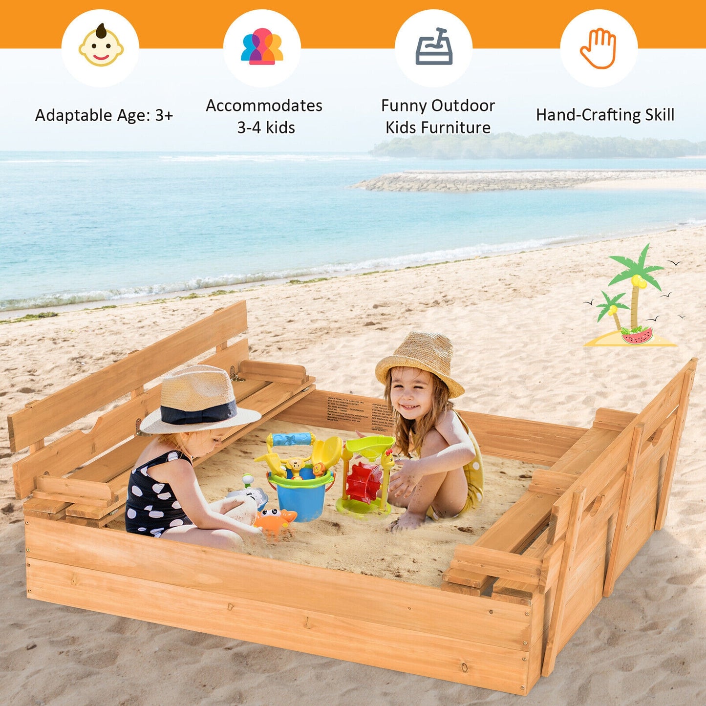 Kids Wooden Sandbox with 2 Foldable Bench Seats, Brown Sandboxes at Gallery Canada