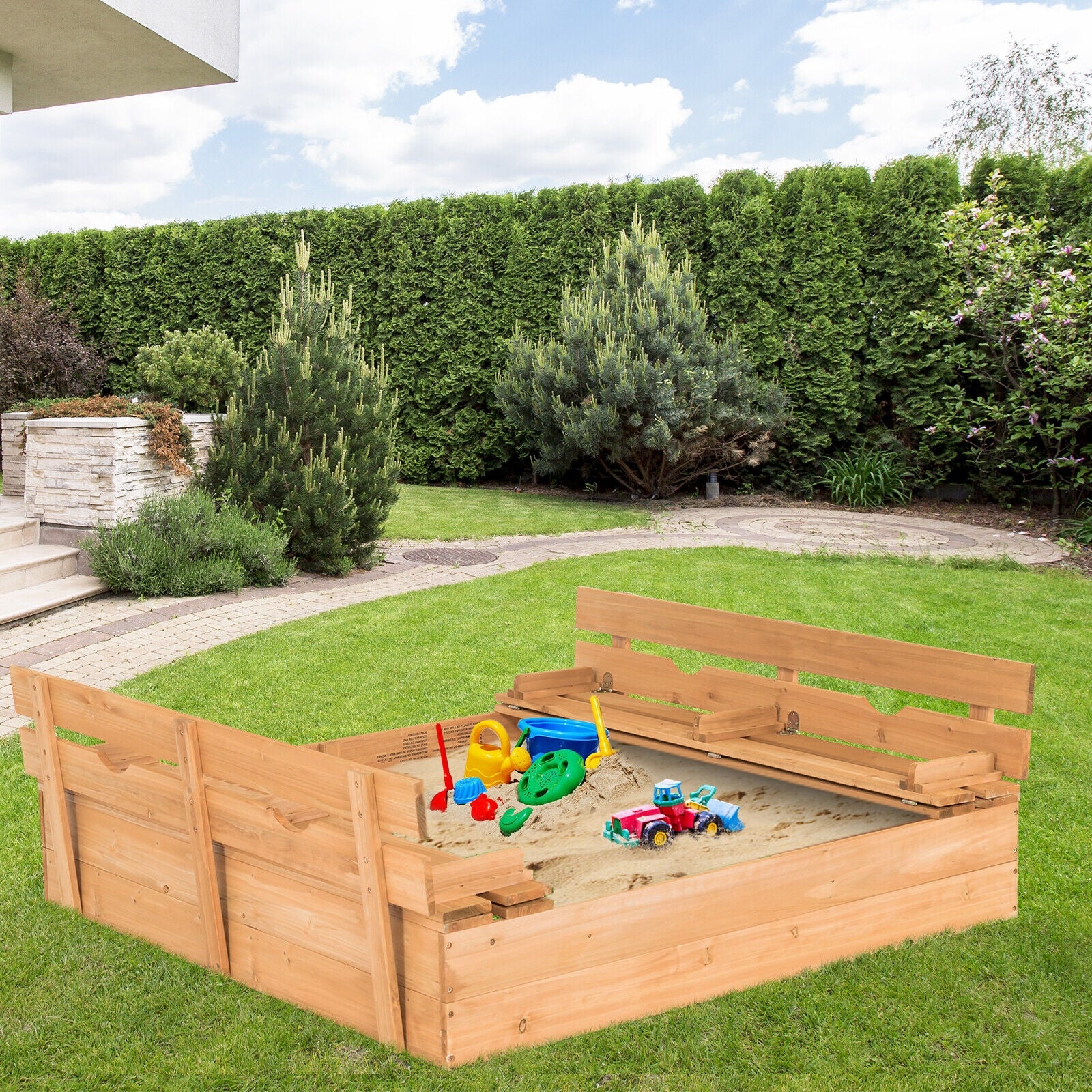 Kids Wooden Sandbox with 2 Foldable Bench Seats, Brown Sandboxes at Gallery Canada
