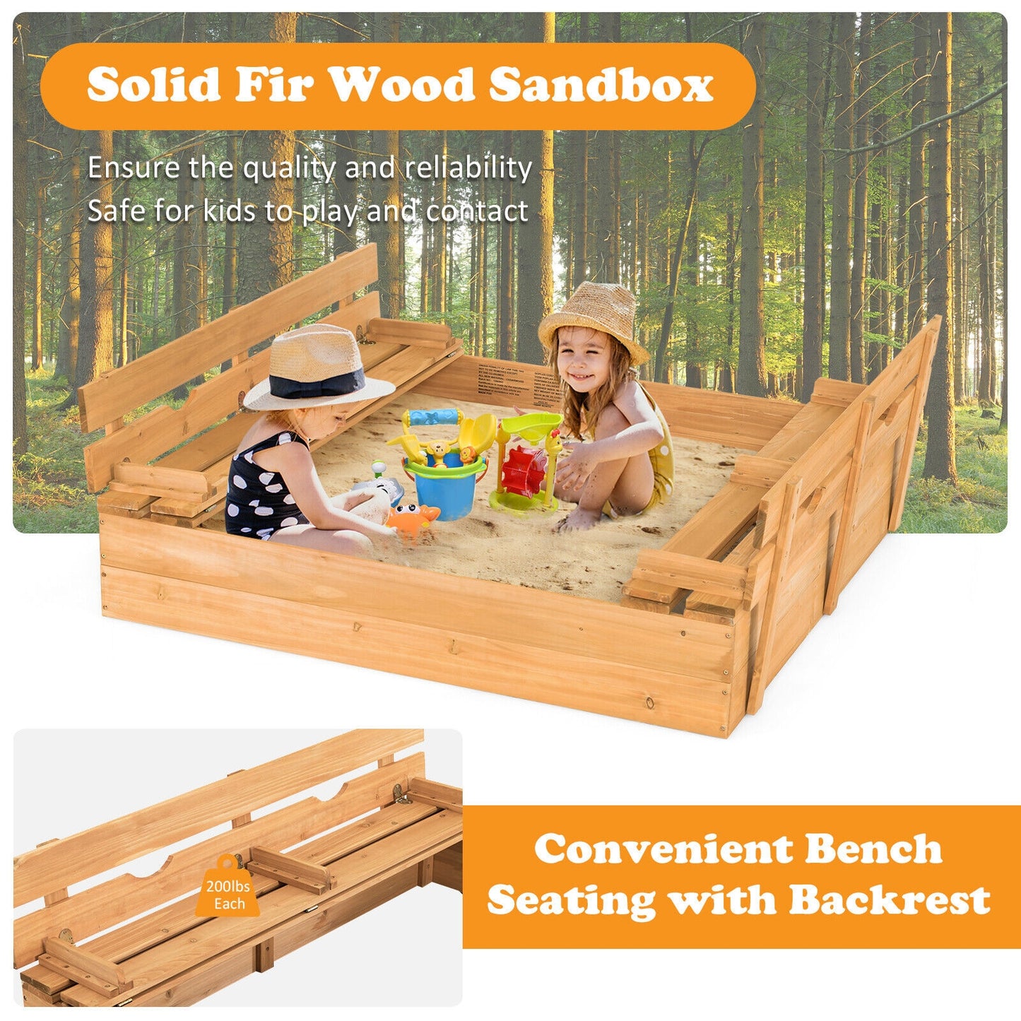 Kids Wooden Sandbox with 2 Foldable Bench Seats, Brown Sandboxes at Gallery Canada