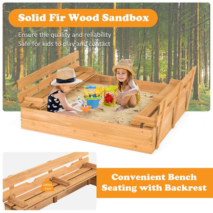 Kids Wooden Sandbox with 2 Foldable Bench Seats, Brown