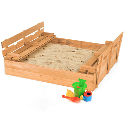 Kids Wooden Sandbox with 2 Foldable Bench Seats, Brown Sandboxes Brown at Gallery Canada