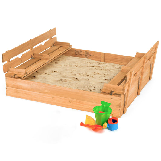 Kids Wooden Sandbox with 2 Foldable Bench Seats, Brown Sandboxes Brown at Gallery Canada