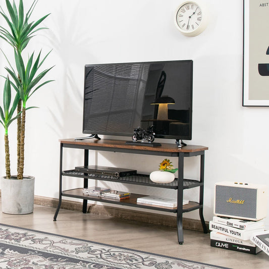 3-tier Console Table TV Stand with Mesh Storage Shelf, Rustic Brown - Gallery Canada