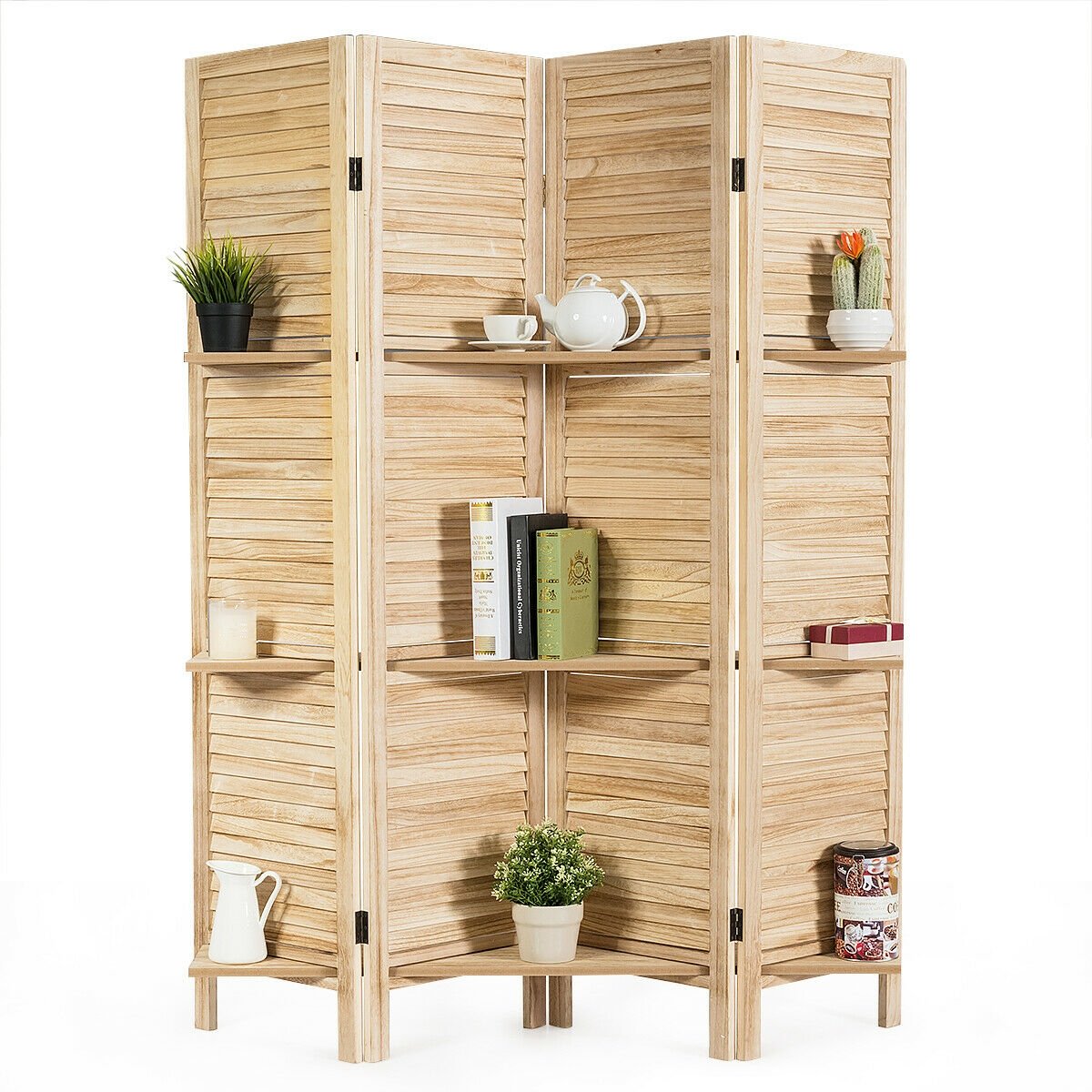 4 Panel Folding Room Divider Screen with 3 Display Shelves, Brown Room Dividers at Gallery Canada