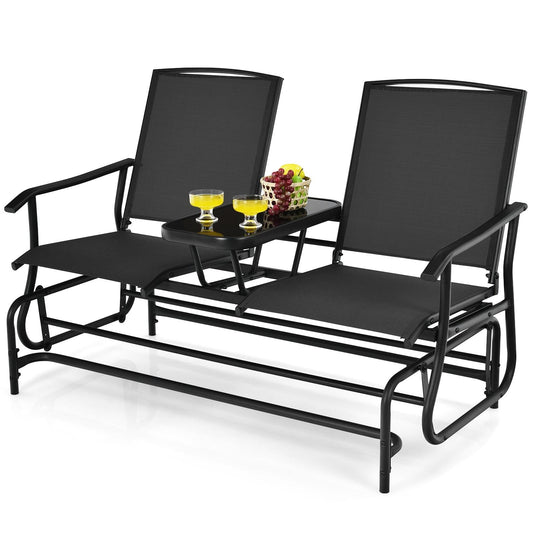 2-Person Rocking Loveseat, Mesh Fabric, Tempered Glass Table, Black
