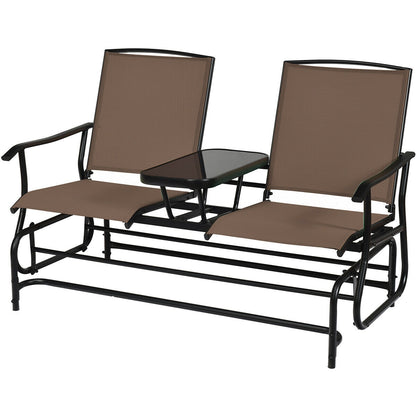 2-Person Double Rocking Loveseat with Mesh Fabric and Center Tempered Glass Table, Brown Patio Conversation Sets Brown at Gallery Canada
