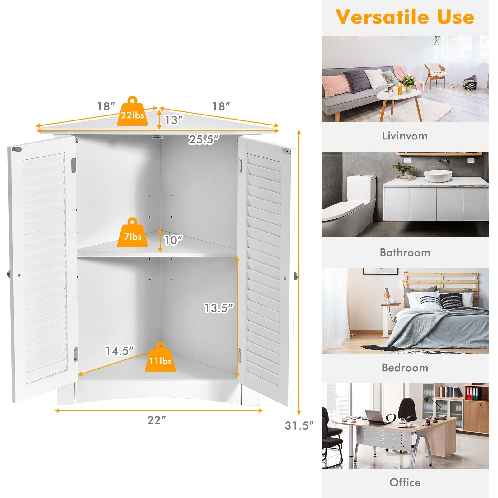 Corner Storage Cabinet, Freestanding Floor, Shutter Door, White Floor Cabinets at Gallery Canada
