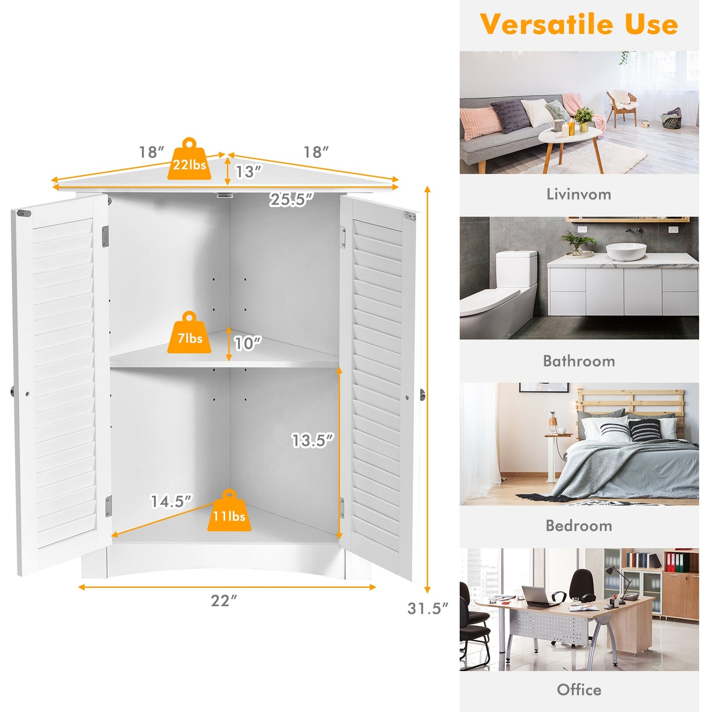 Corner Storage Cabinet, Freestanding Floor, Shutter Door, White Floor Cabinets at Gallery Canada