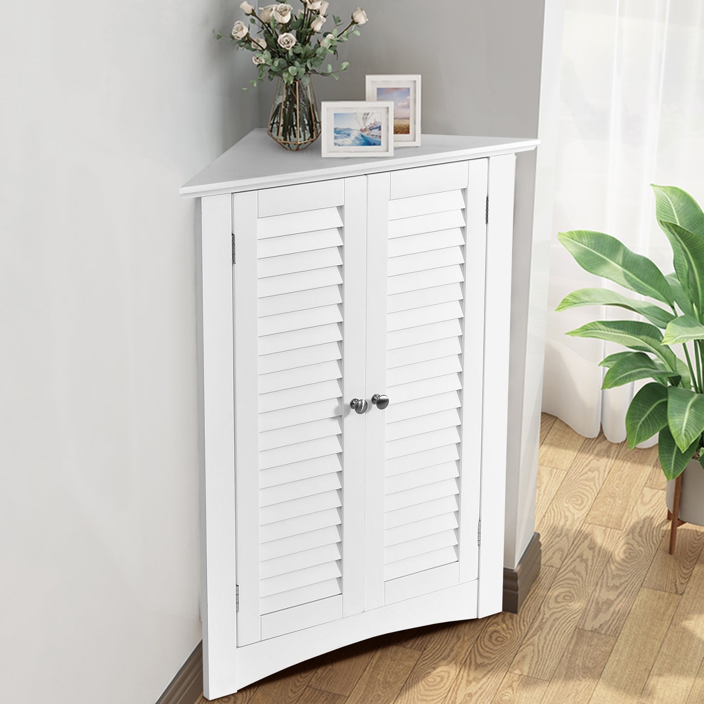 Corner Storage Cabinet, Freestanding Floor, Shutter Door, White Floor Cabinets at Gallery Canada