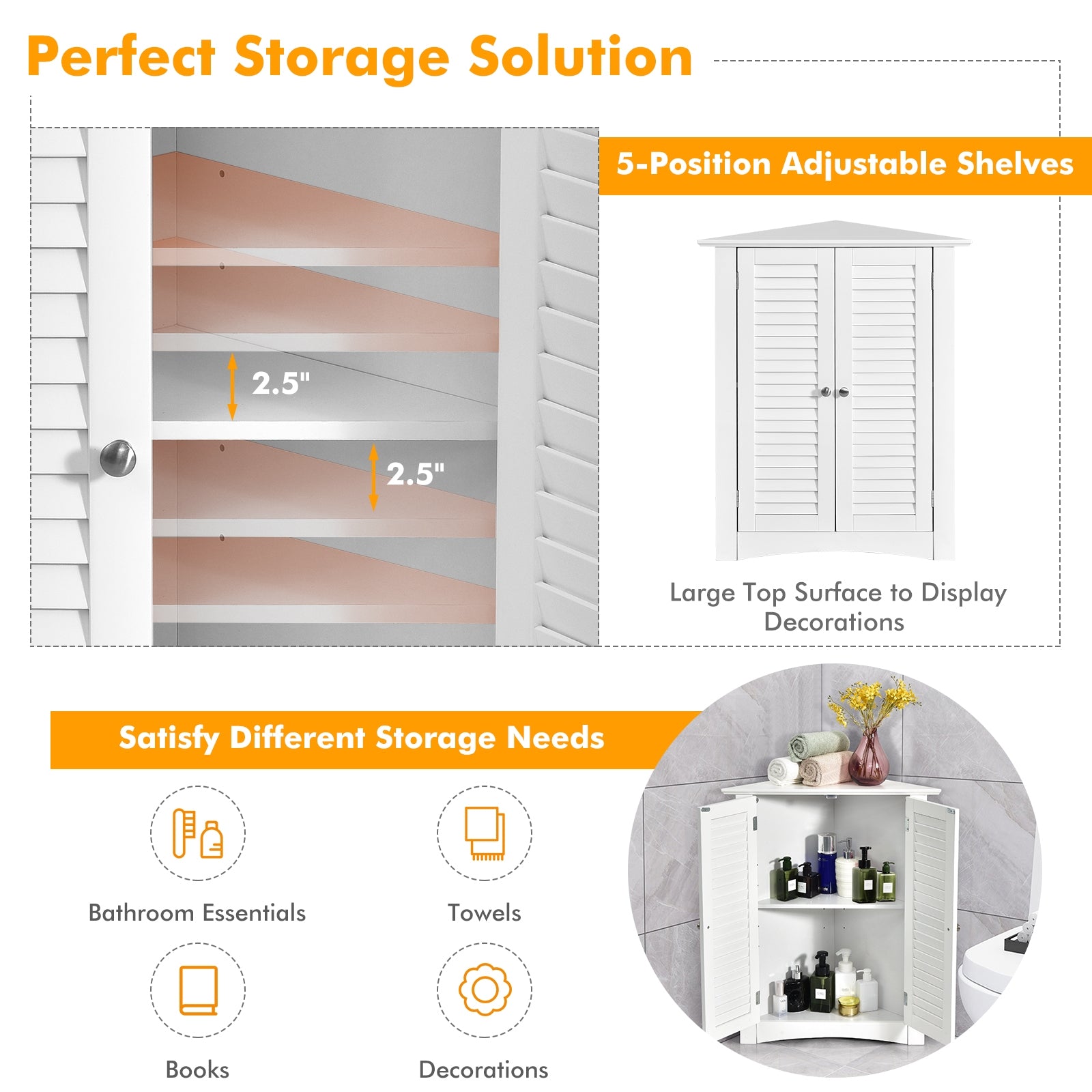Corner Storage Cabinet, Freestanding Floor, Shutter Door, White Floor Cabinets at Gallery Canada