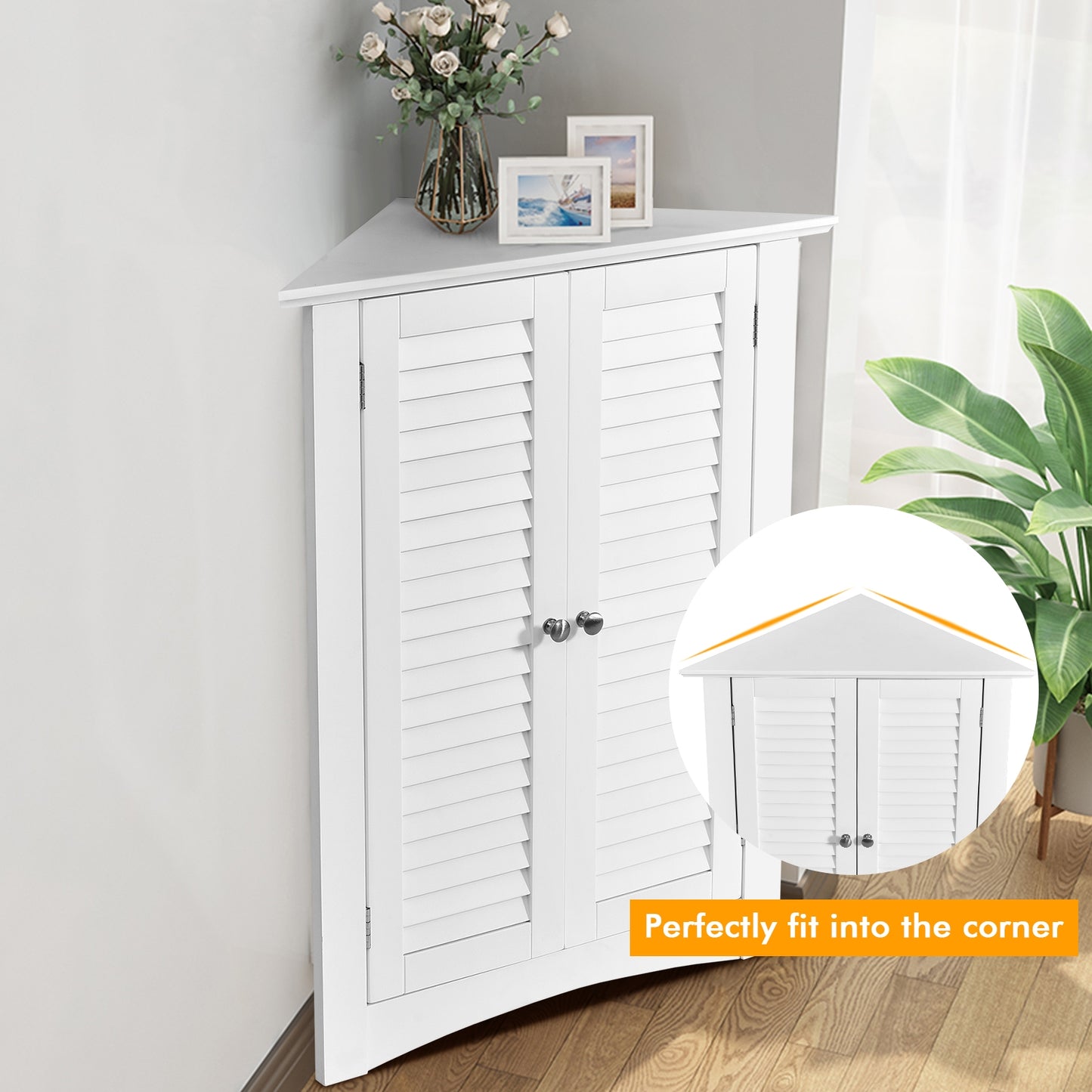 Corner Storage Cabinet, Freestanding Floor, Shutter Door, White Floor Cabinets at Gallery Canada